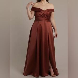Elegant Off-Shoulder Satin Dress in Rust